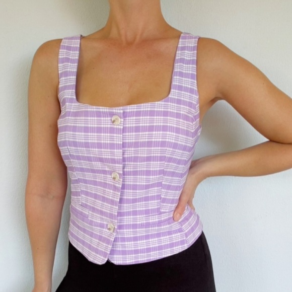 New York & Company Tops - New York & Company purple white plaid button up sleeveless vest blouse small
